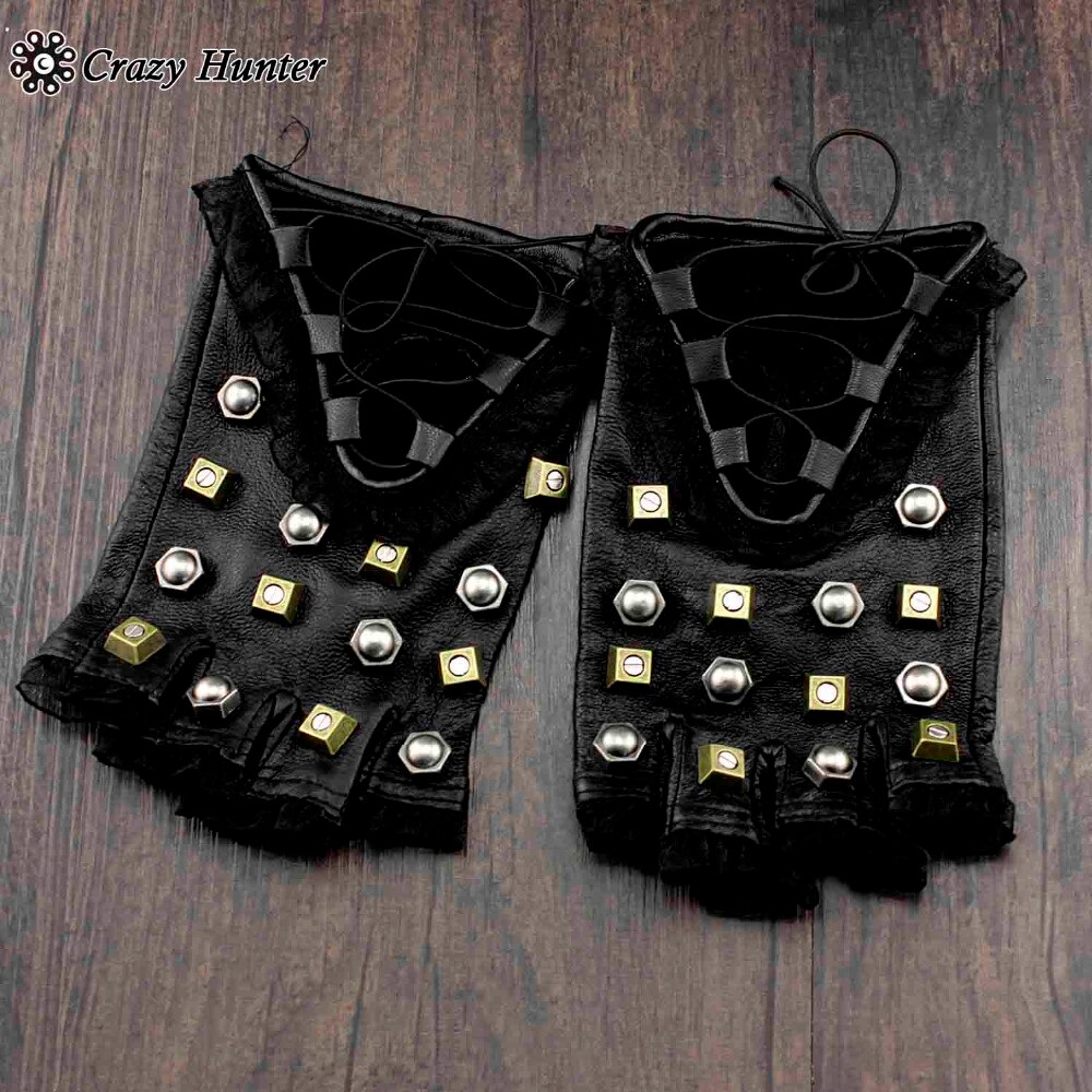 Steampunk fingerløse damehandsker med snørebånd i metal med nitter, biker goth handsker