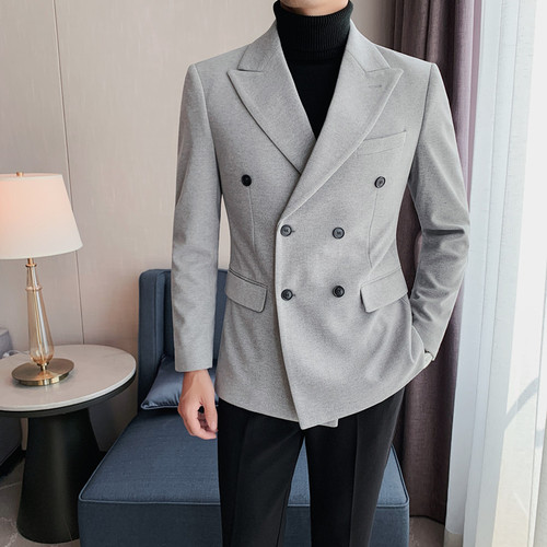 British Style Woolen Blazers Men Double Breasted Wedding Business Casual Suit Jacket Social Banquet Tuxedo Coat Costume Homme: Light Grey / XL