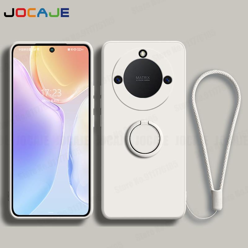Coque en Silicone liquide pour Huawei Honor X7B X8B X9B, support d'anneau, étuis de téléphone pour Honor X9B X8B X7B, housse souple avec lanière: aluminium / Ivoire