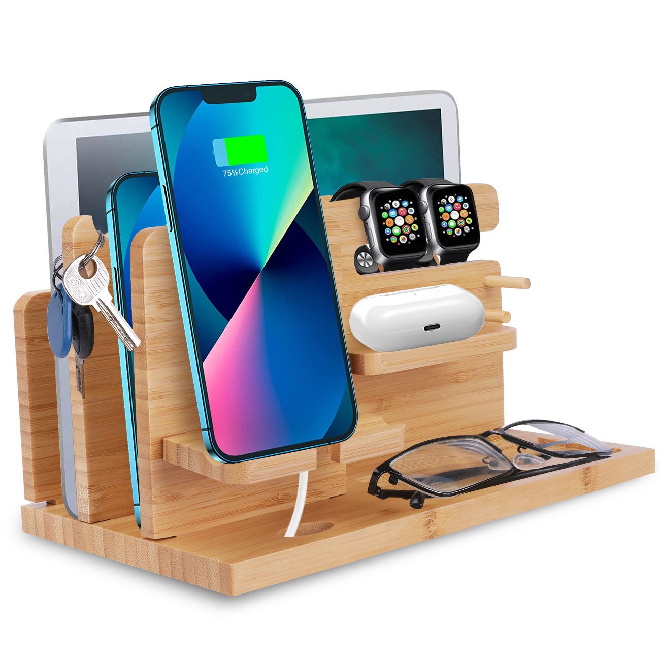 iCozzier Bamboo Multiple Device Desktop Charging Dock Station Organizer Key Holder with Drawer for i Watch,AirPods,iPad,Tablets: Simple multi-board