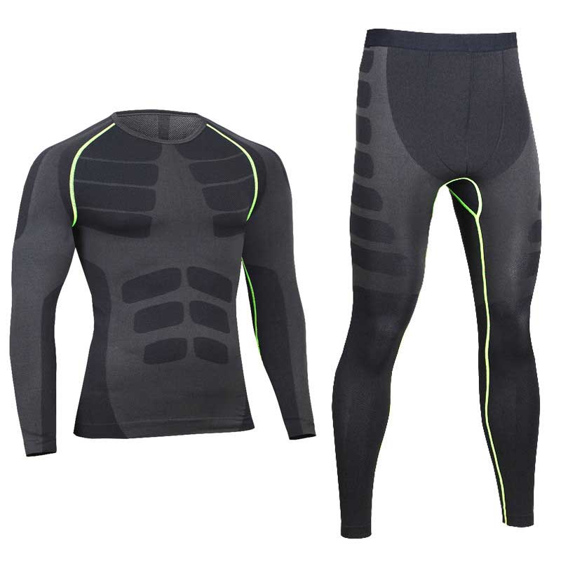 Men Pro Compression Long Johns Fitness Quick Dry Gymming Male Shirts + Tights Pants Sporting Runs Thermal Underwear Sets 0405: green / M