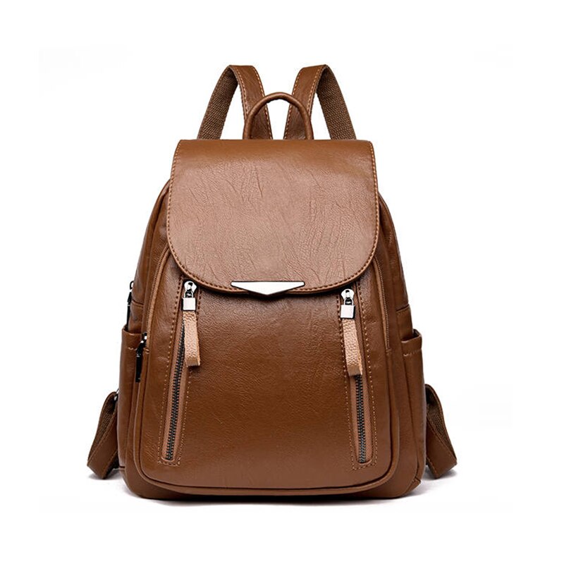 Casual PU Backpack Female Brand Leather Women's Backpack Large Capacity School Bag For Girls Double Zipper Shoulder Bags: brown