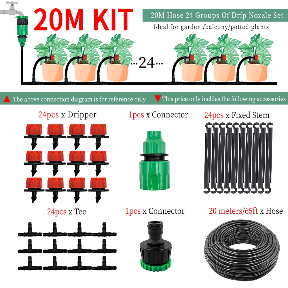 Greenhouse 10M-30M DIY Drip Irrigation System Automatic Watering Garden Hose Micro Drip Watering Kits with Adjustable Drippers: Red