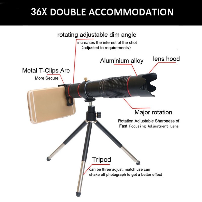 36X Telephoto Phone Lens with Tripod, Suitable for iPhone 12, XS MAX, XS, X, 8, 7, 6, 6Plus Android Smartphones