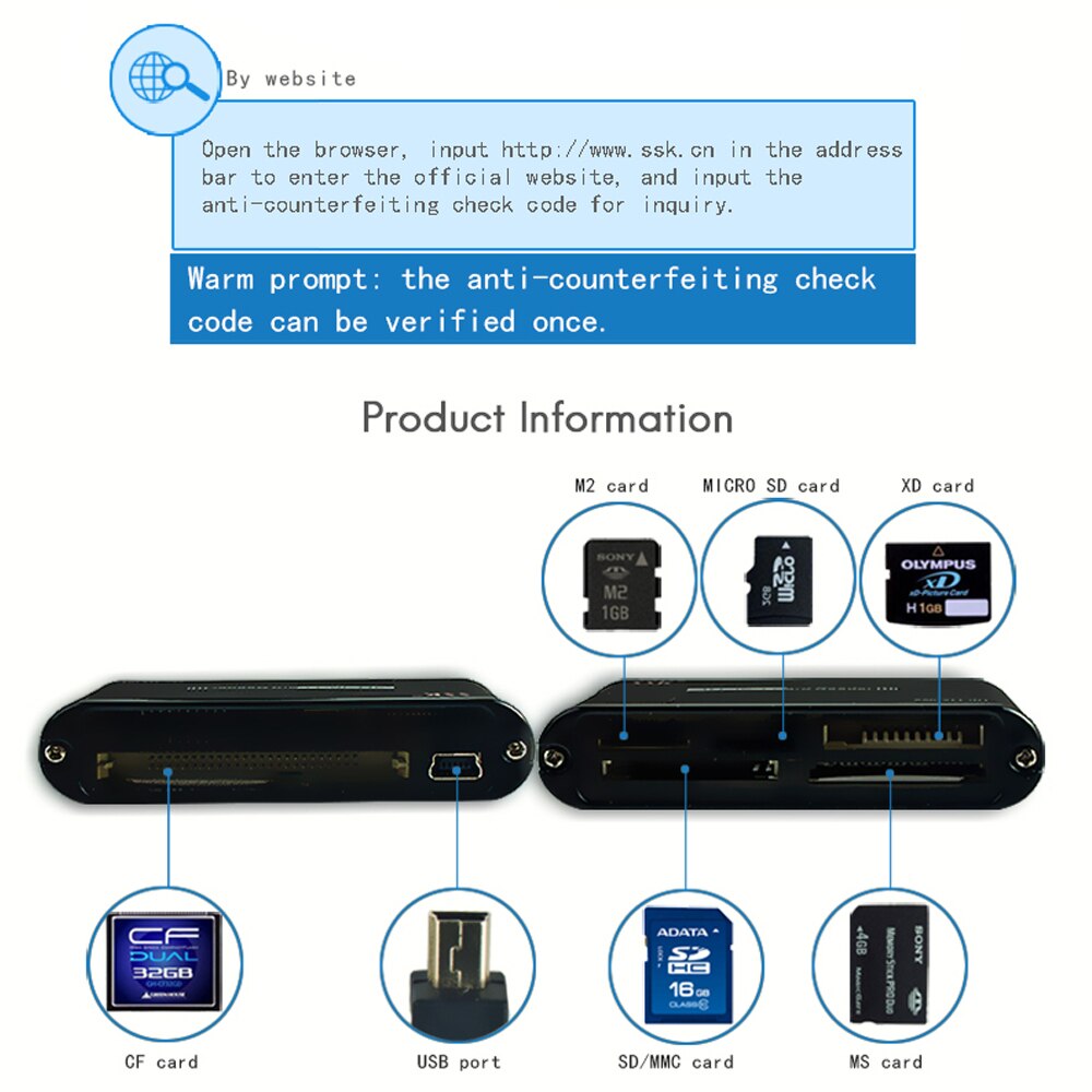 SSK Aluminum USB2.0 Card Reader All in One USB Memory Card Reader Reader High-Speed Adapter for PC Laptop Computer Tabler PC