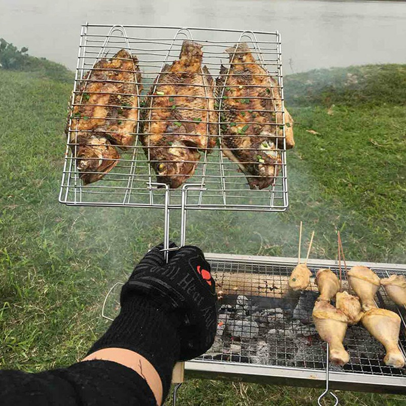 BBQ Fish Grill Net Barbecue Grilling Fish Rack Non-Stick Triple Fish Grilling Basket Wood Handle Barbecue Tool