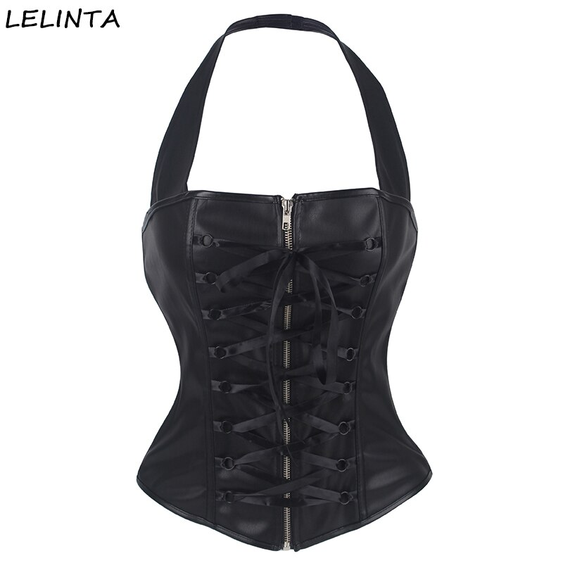 Sexet korset lingeri gotisk imiteret læder steampunk korset sort shaperwear snøre korsetter og bustiers overbust korselet top: Xxl