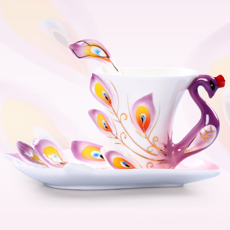 Taza de pavo real esmaltada de Color de cerámica con plato de café té beber agua tazas artesanales decoración creativa cumpleaños de San Valentín: Purple