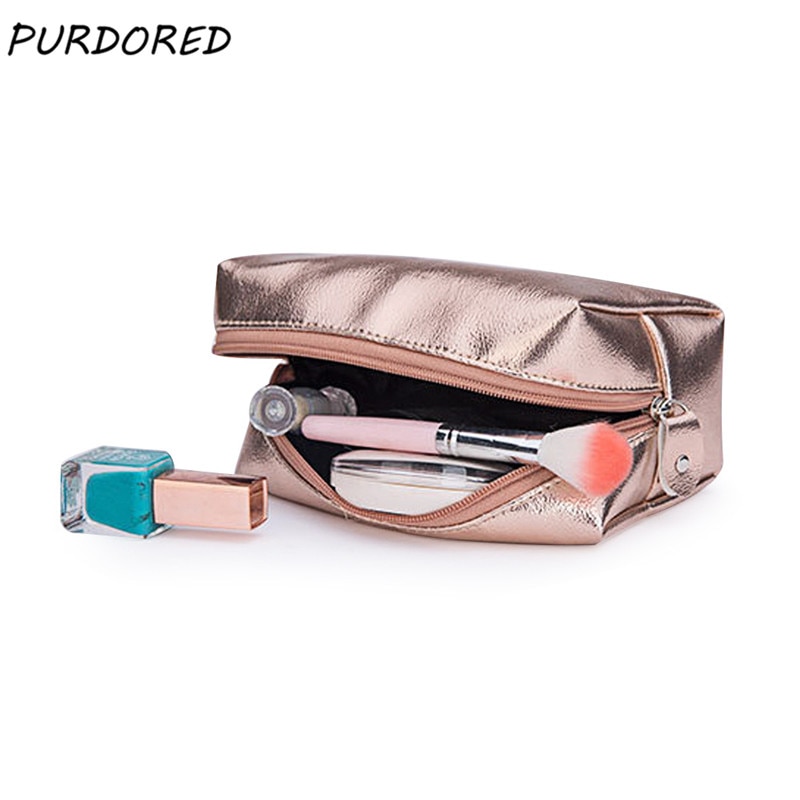 Purdored 1 pc portátil sólido feminino saco de cosméticos saco de maquiagem de ouro feminino organizador de viagem para maquiagem bolsa de toilette