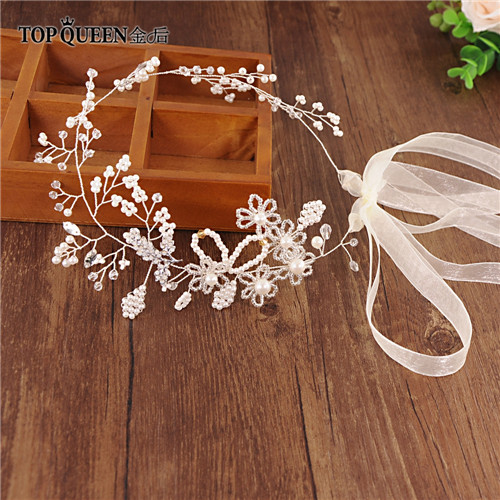 Extensiones de pelo de novia Vintage TOPQUEEN, diadema de perlas de plata para boda, diadema de cristal para novia HP07: ivory organza