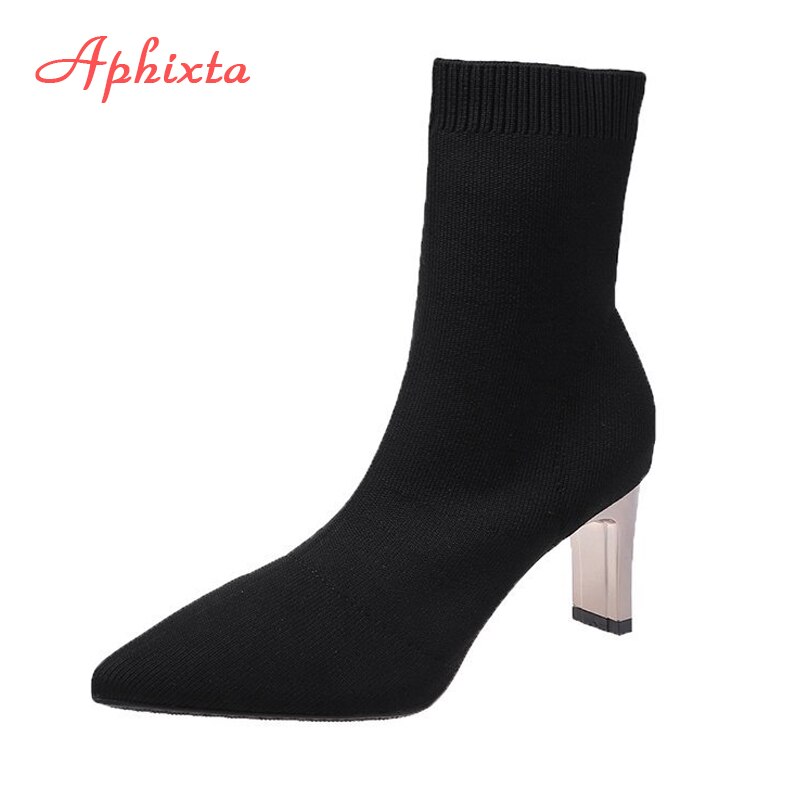 Aphixta botas curtas mulheres outono malha meias de tecido botas elásticas saltos finos finos magros botas de salto alto meias bota