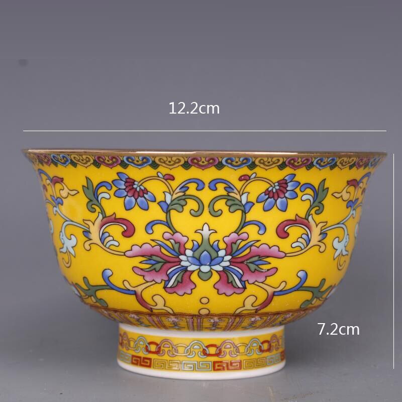 Qing Dynasty Qianlong Yellow Ground Pastel Enamel Pattern Bowl Antique Crafts Porcelain Household Chinese Antique Ornaments