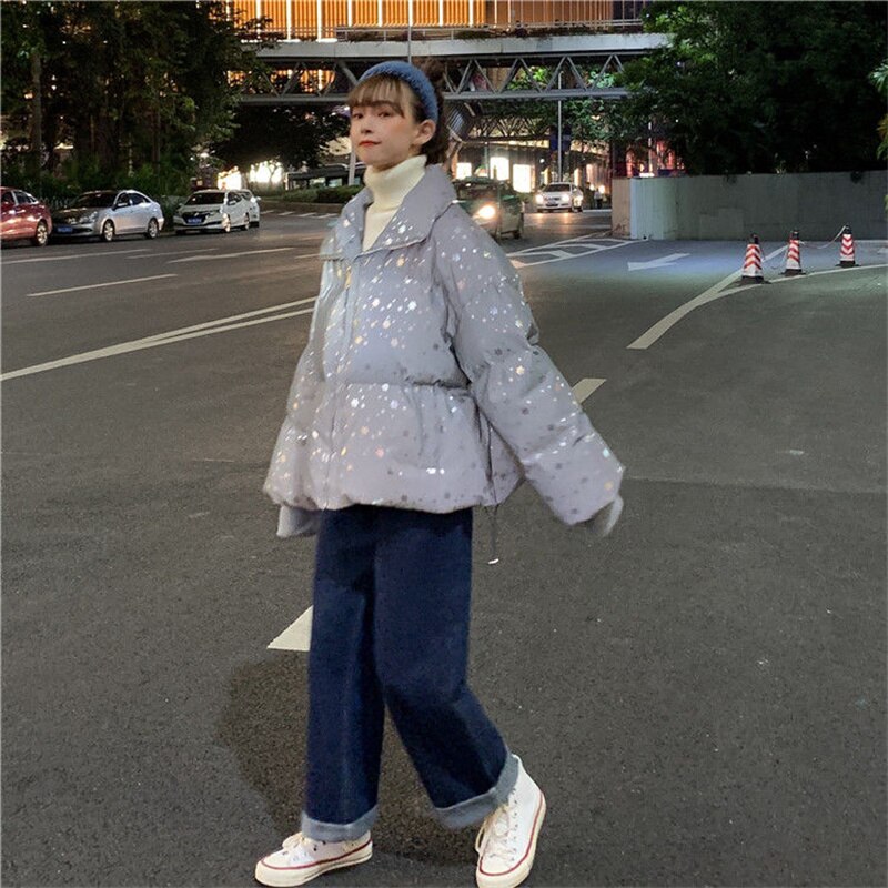 Vrouwen Winter Jas Parka Korte Vrouwen Ster Flash Jas Dames Warme Gewatteerde Jas Kleurrijke Reflecterende Glow Hooded Parka jassen