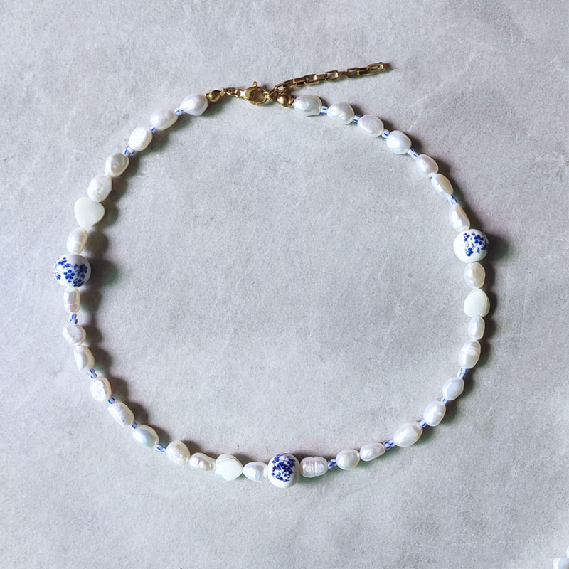 Natural Pearl Necklace for Women Colorful Natural Beaded Choker Exquisite Handmade Jewelry: Blue Zinc Plated