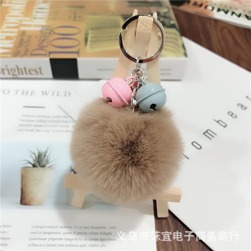 -love 8cm faux rex kanin pom-pom nøglering tiy kontrast farve klokke par taske tilbehør sydkorea små smykker tilbehør: Khaki