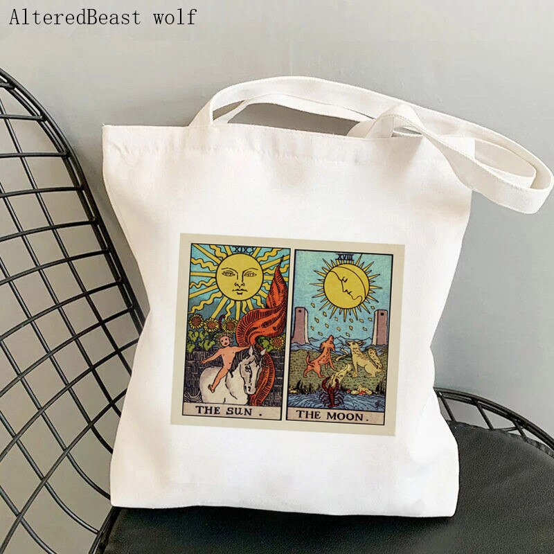 Frauen Käufer tasche mond sonne Tarot Gedruckt Kawaii Tasche Harajuku Einkaufen Leinwand Käufer Tasche mädchen handtasche Tote Schulter Dame Tasche: b1416