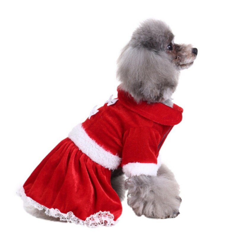 Vinter varm julekjole dejlig rød sløjfe hvalpe nederdel kæledyr hund blonder bomuld jule hund kostume yorkie chihuahua kattetøj
