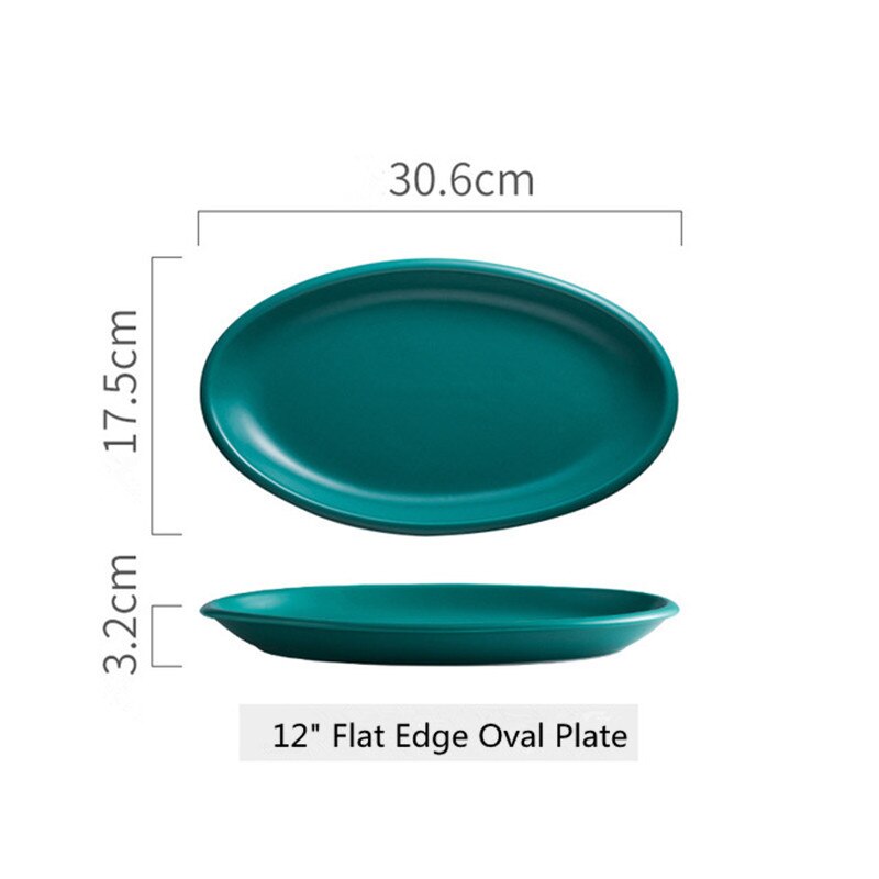 Nordic 12 inch flat side oval ceramic plate hotel home salad steak pasta kitchen kitchen utensils: green