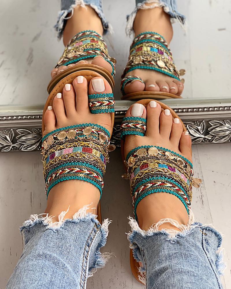 Boho Stijl Casual Patchwork Platte Schoenen Vrouwen Sandalen Zomer Etnische Boho Stijl Teen Ring Sandalen