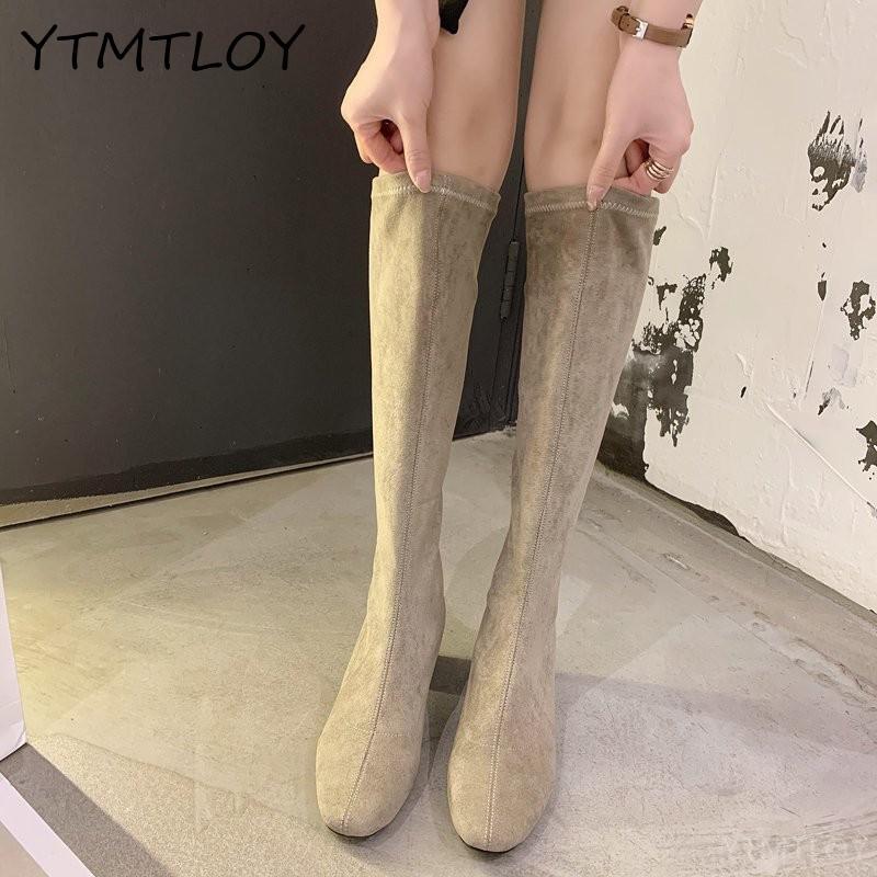 Höststövlar dam flock långa botas platåkängor skor kvinna höga stövlar dam knähög fyrkantig klack: Beige / 37