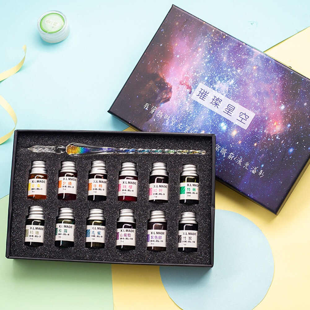 Painting Crystal Glass Signatures Dip Pen Set With 12 Colors Ink For Art Writing Calligraphy Fountain Doodling Stationery: Bright Starry Sky