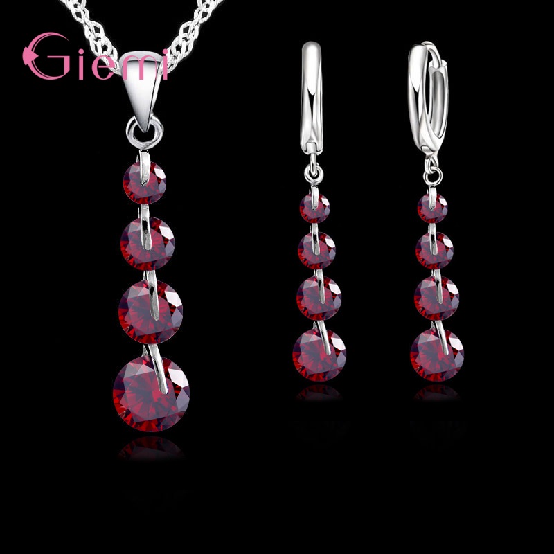 Real Romantic 925 Sterling Silver Cubic Zirconia Crystal Pendant Necklace Earrings Jewelry Set For Women Choker Wedding: Red