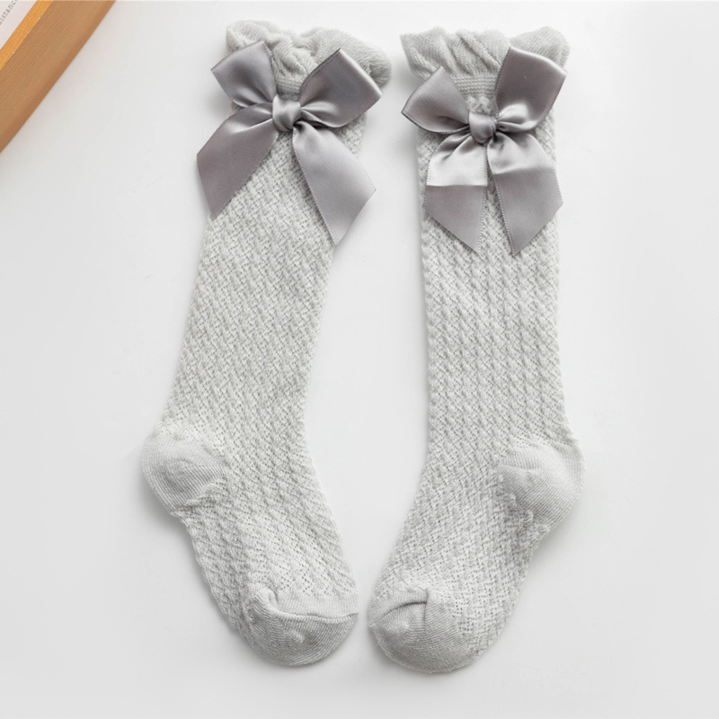 Summer Kids Socks With Bow Baby Girls Long Sock Knee High Cotton Hollow Out Toddlers Socks Mesh Children Princess Sock: Gray Bow Socks