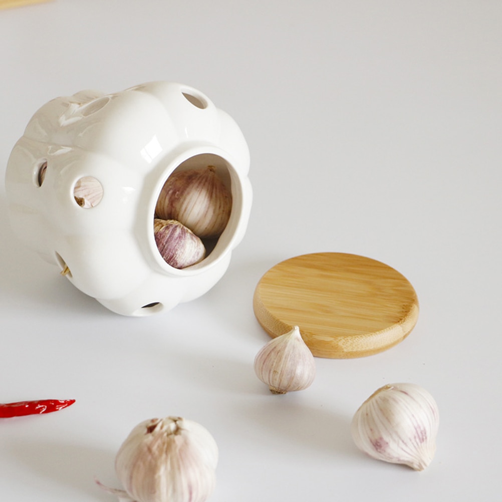 Praktische Ronde Keramiek Potten Huishouden Keuken Opslag Container Met Bamboe Deksels Voor Afdichting Knoflook Gember Keuken Gadgets