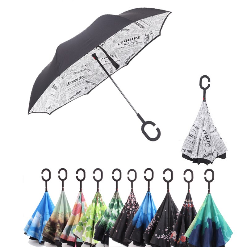 Windproof Reverse Umbrella Folding Double Layer Inverted Chuva Umbrellas Self Stand Inside Out Door Umbrella Hands free parasol