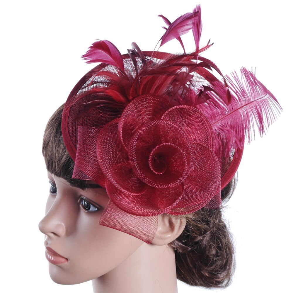 Specielt til dame fest hatte kvinder bryllup fascinator mesh hat bånd fjer fest hat: Vin