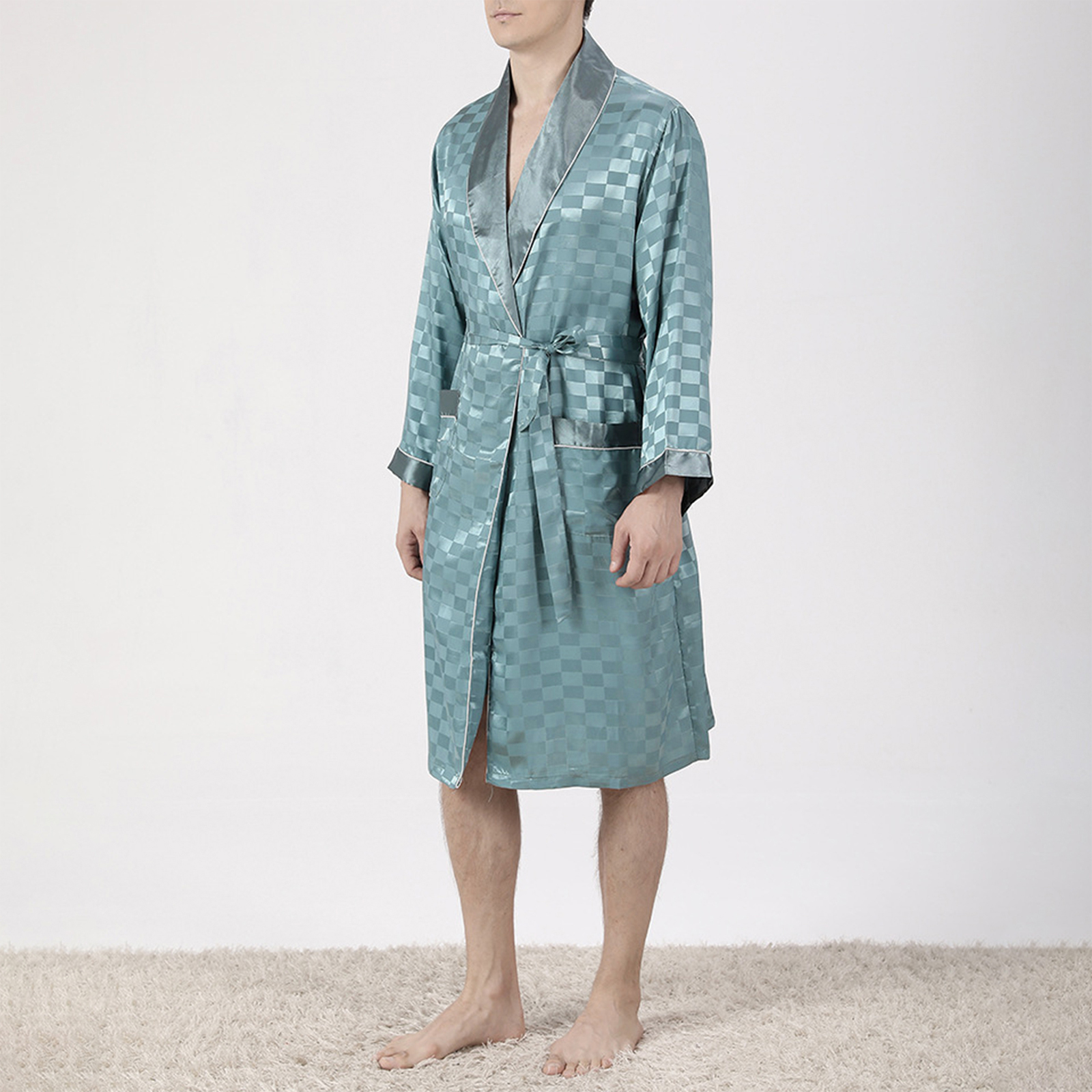 Peignoir Jacquard à Carreaux pour Homme, Ensemble Kimono à Manches sulfavec Ceinture et Short, Tenue de Pyjama Doux, Été