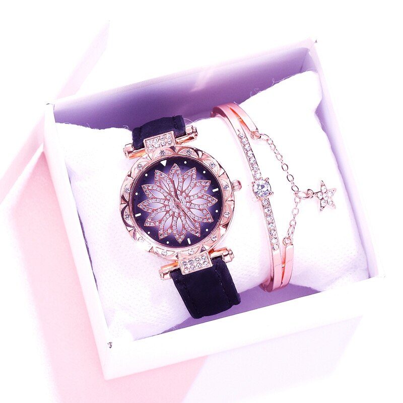 Frauen Uhr Armband 2 stücke Set Starry Sky Damen Armband Uhr Casual Leder Quarz Armbanduhr Uhr Relogio Feminino: Black Watch Bracelet