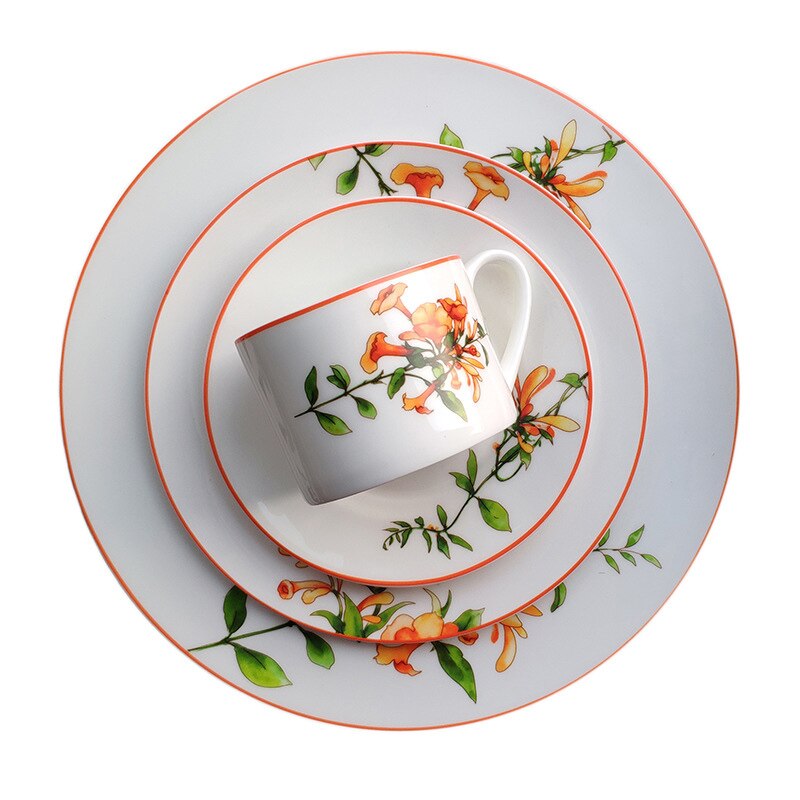 Keramisk fladt fad bøf tallerken middag værktøj kop underkop porcelæn kinesisk stil julebestik azalea botanik service 1 stk.