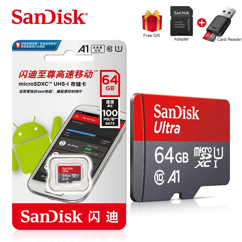 Sandisk Ultra mikro SD 128 GB 32GB 64GB 256GB 16GB karta Micro SD SD/TF karta pamięci Flash 32 64 128 gb microSD na telefon: 64G Card Reader