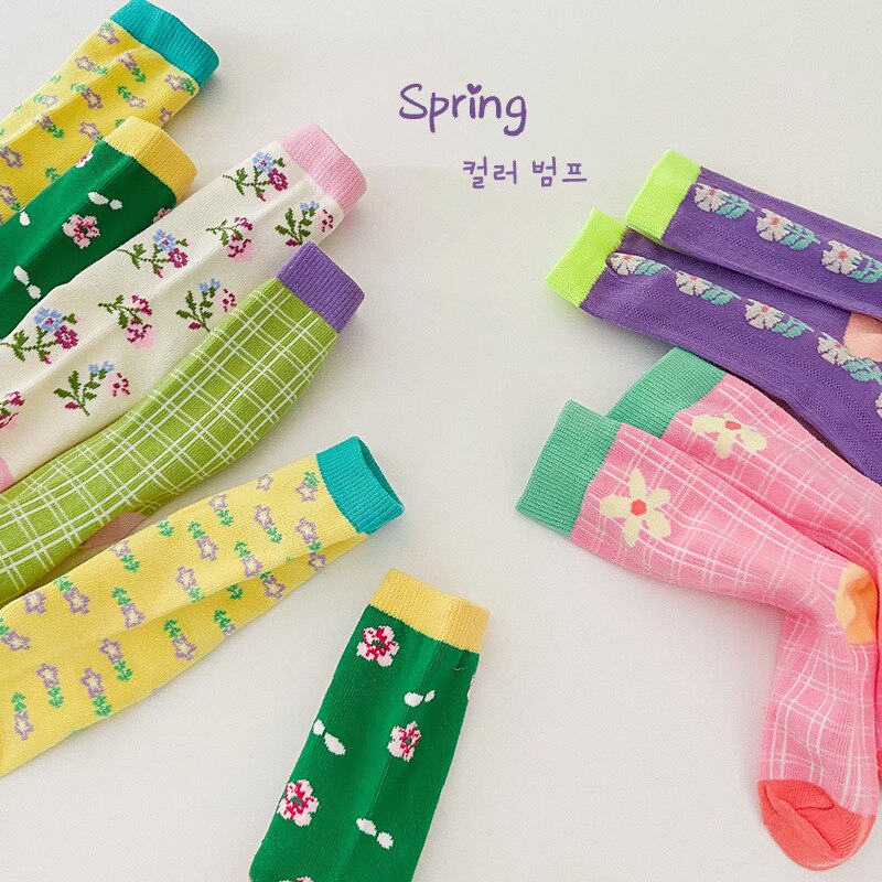 3 paia/lotto Z286 primavera Cototn floreale Plaid coreano ragazze calzini al ginocchio calzini ragazze bambini calzini