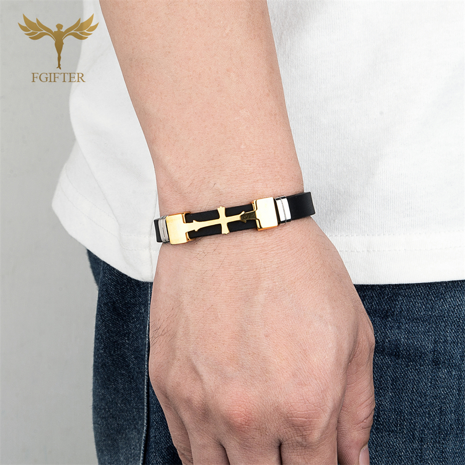Guldfarvet rustfrit stål kors symbol tilbehør armbånd flere farver gummi armbånd kristen religion smykker