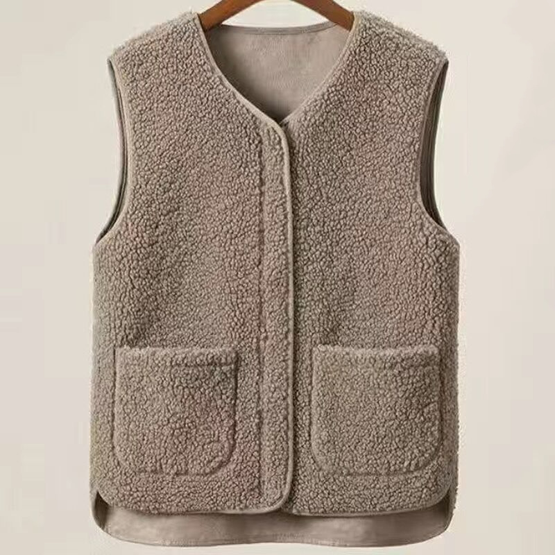 Lamsvacht herenjas effen model herfst winter warme v-hals casual slanke pasvorm ritssluiting basic herenkleding mouwloze jassen: Xxxl / Kameel