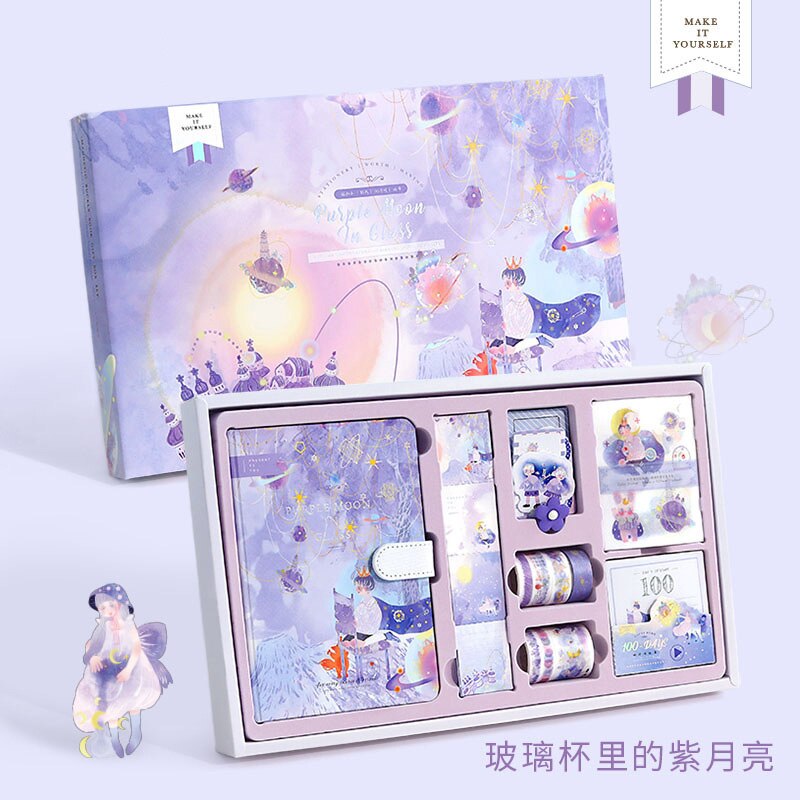Juego de diario con temática de cuento de hadas, caja de para niña, libro de conteo de dibujos animados, Bloc de notas, cuaderno, caja de: Purple