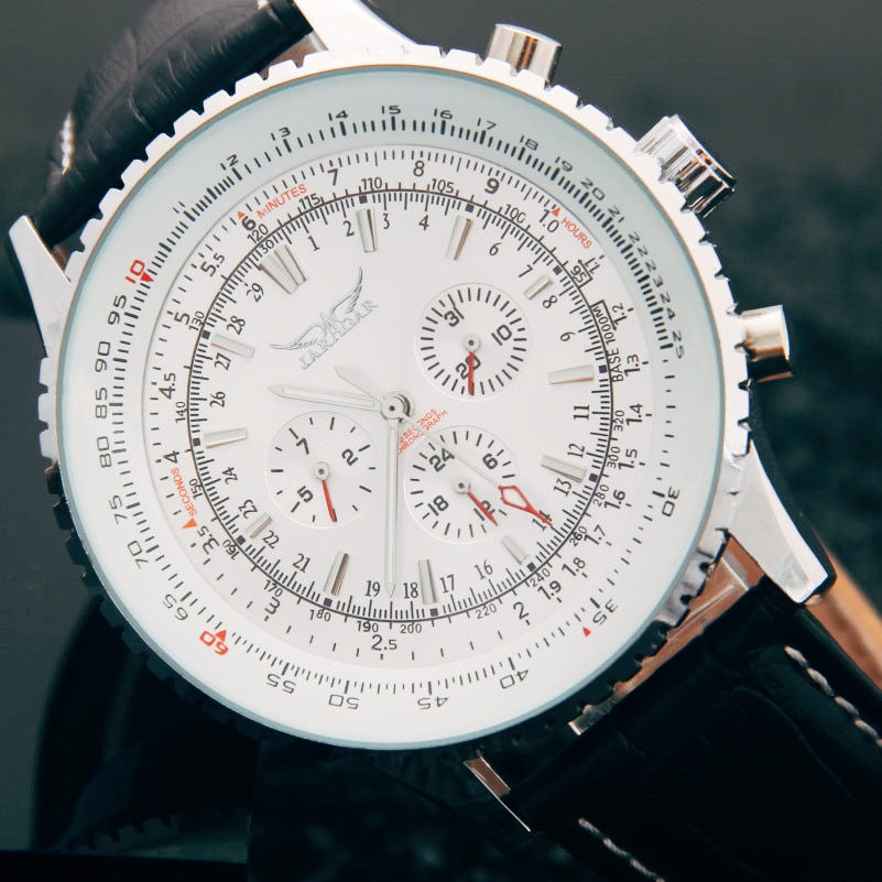 Jaragar Luxe Top Mannen Mechanische Horloges Automatische 6 Handen Lederen Band Horloges Big Dial Voor Man Horloges
