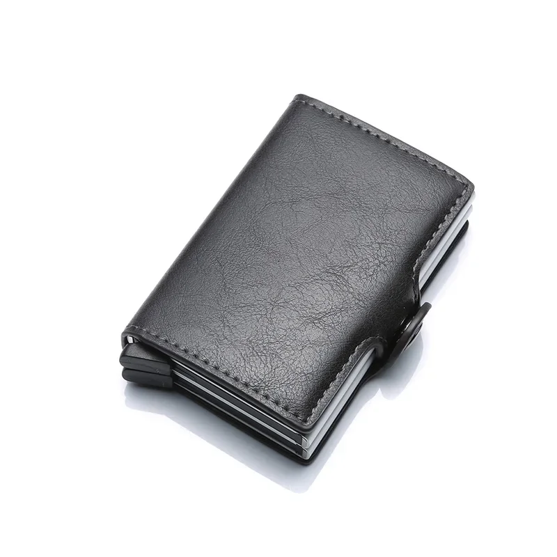 Tarjetero antirrobo para hombre, tarjetero con bloqueo Rfid doble, caja de aluminio de seguridad de cuero, monedero de Metal, tarjetero: Gris