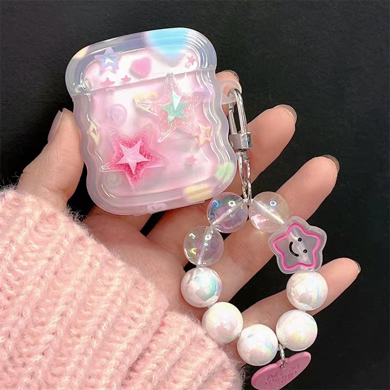 Koreanskt sött hörlursfodral med 3d rosa stjärnor och vågig kant till airpods 1 2 3 med kärlekshjärta och pärlhänge, mjukt fodral till airpods pro 2