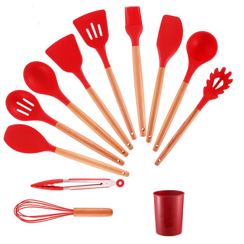 Cooking Tools Silicone Utensils Set Turner Tongs Soup Spoon Brush Non-stick Shovel Oil Spatula Kitchen Tool Set Red