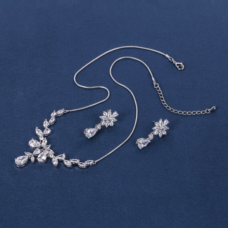 Weimanjingdian floral zircônia cúbica cz zircão colar de cristal e brinco da dama de honra conjunto de jóias em ródio cor prata