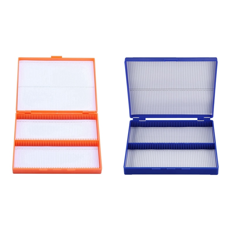 2x blå og orange plastik rektangel holder 100 mikroglas objektglas objektglas