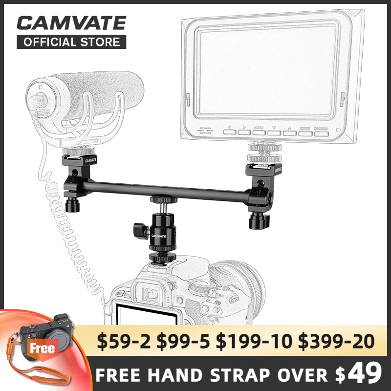 CAMVATE T-bar Bracket Arm With Double Cold Shoe Mounts Support &amp; Adjustable 1/4" Ball Head Holder For Mic / Monitor / Camera