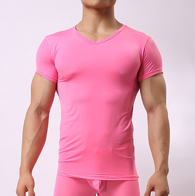 Sexy Ultra-thin Sheer Man Fitness Polyester Undershirts Gay Ice Silk V-neck Transparent Shirts Size S M L XL: Pink / XL
