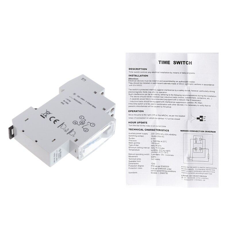Mechanical 24 Hours Programmable Din Rail Timer Switch Relay 110-240V 16A