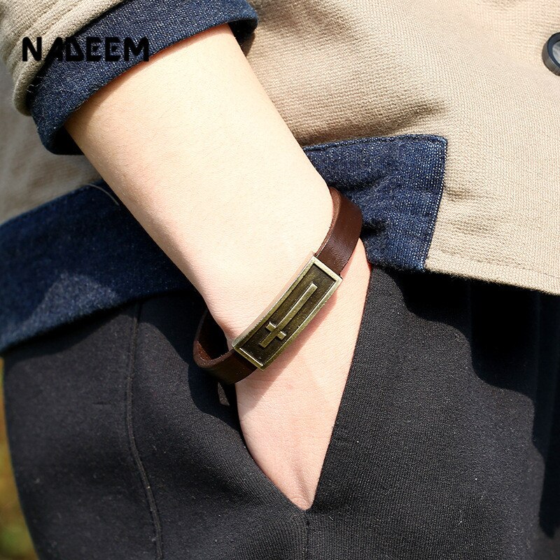 NADEEM Cross Charm Brown Leather Bracelet Men Male Vintage Punk Cross Charm Cuff Bracelet Bangle Jewelry Pulse