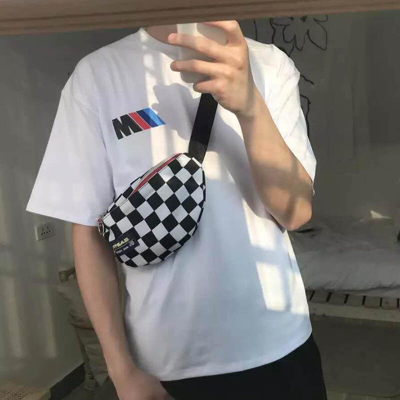 Canvas midjeväska unisex bältesväska galler schackbräde fanny pack kvinnlig axelbälte mobiltelefon bröstväskor
