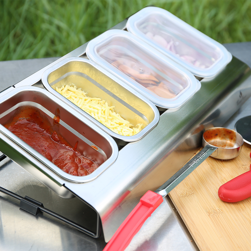 Rustfrit stål pizza ingrediensbeholder pizza topping station med pp låg til køleskabsopbevaring pizza topping krydderi opbevaringsboks